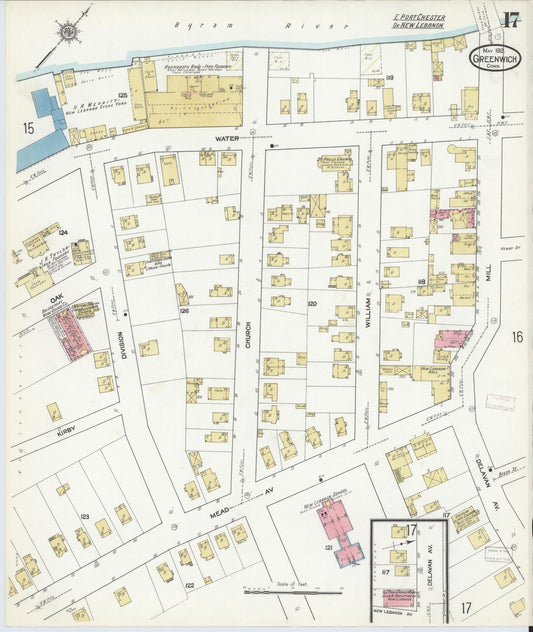 Sanborn Fire Insurance Map from Greenwich, Fairfield County, Connecticut (1912), Sheet #0017 - Historic Sanborn Fire Insurance Map Print, vintage old map wall art, antique decor, genealogy gift, Connecticut Connecticut map