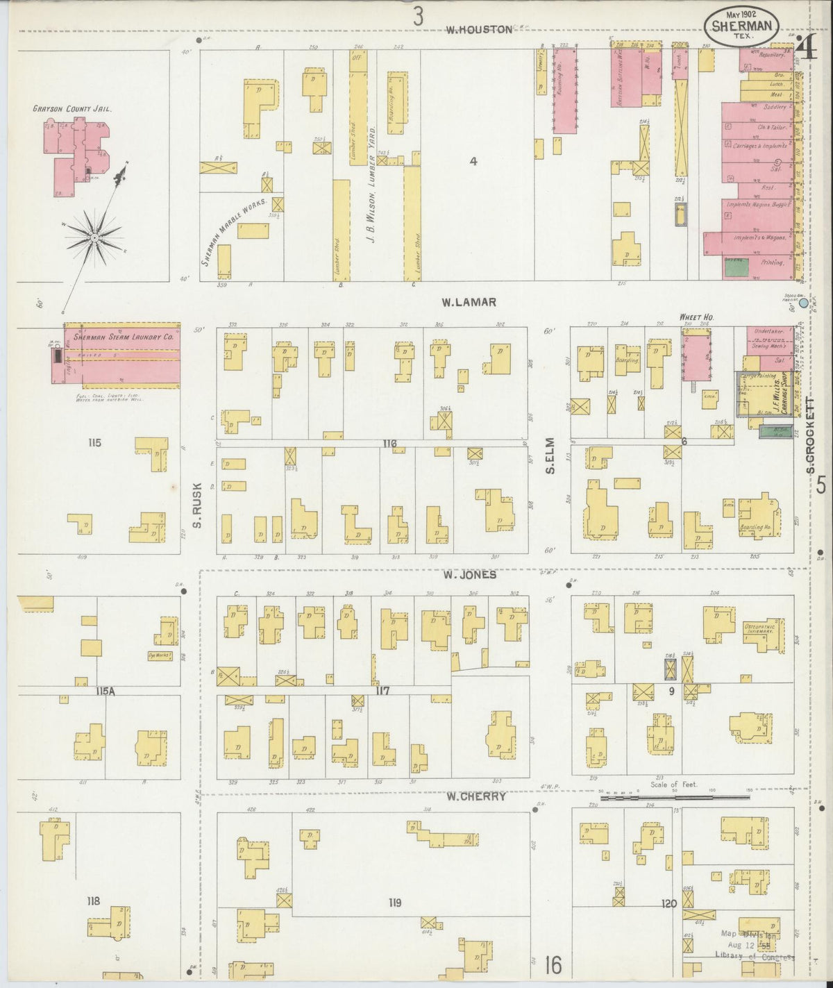 Sanborn Fire Insurance Map from Sherman, Grayson County, Texas (1902), Sheet #0004 - Complete Map Set gallery image, historic Sanborn map, vintage wall art, Texas Texas