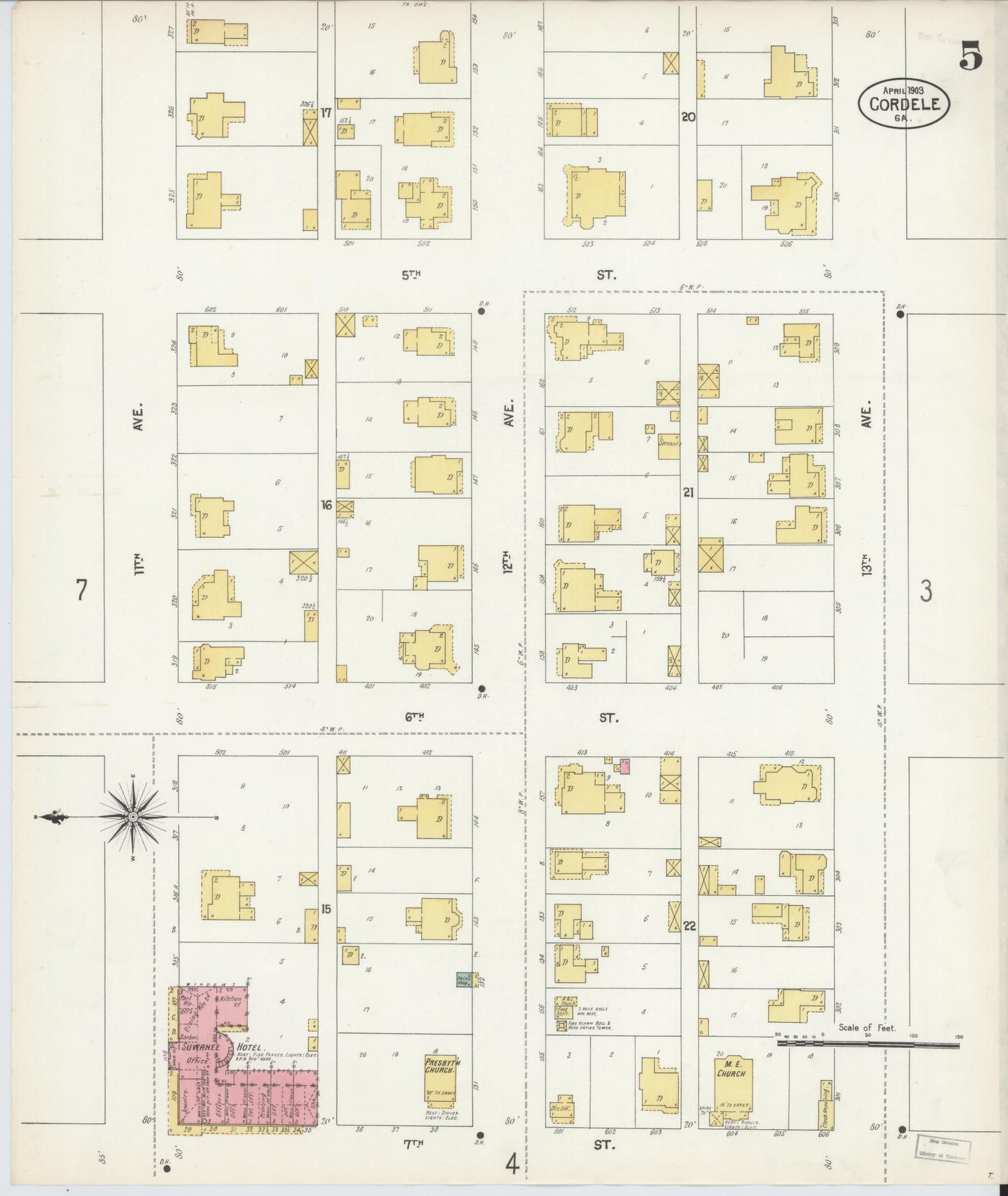 Sanborn Fire Insurance Map from Cordele, Crisp County, Georgia (1903), Sheet #0005 - Historic Sanborn Fire Insurance Map Print, vintage old map wall art, antique decor, genealogy gift, Georgia Georgia map