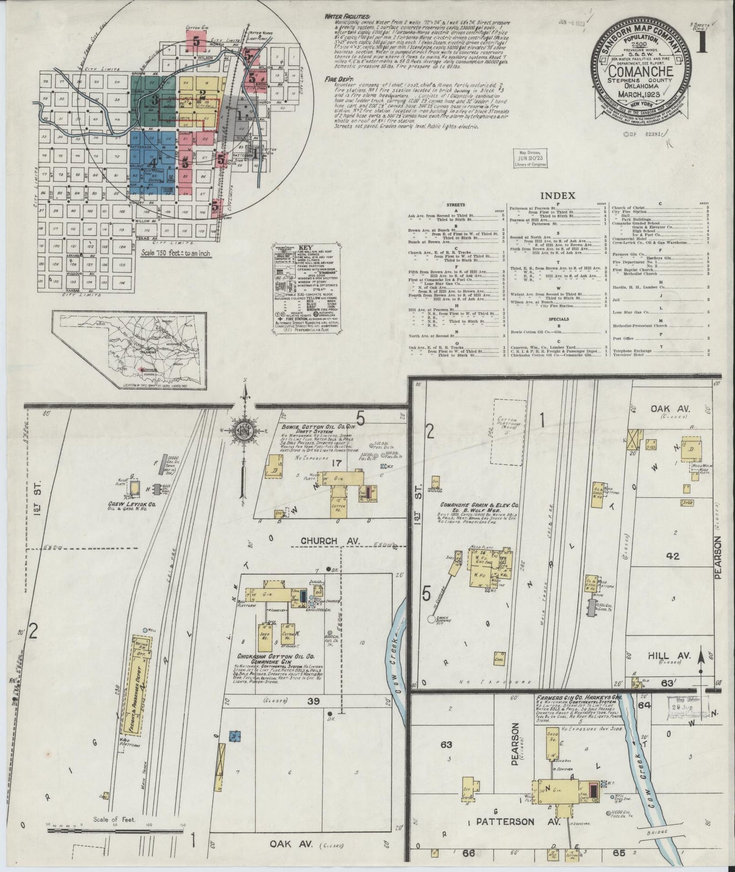 Sanborn Fire Insurance Map from Comanche, Stephens County, Oklahoma (1923), Sheet #0001 - Complete Map Set gallery image, historic Sanborn map, vintage wall art, Oklahoma Oklahoma