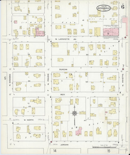 Sanborn Fire Insurance Map from Jacksonville, Morgan County, Illinois (1914), Sheet #0006 - Historic Sanborn Fire Insurance Map Print, vintage old map wall art, antique decor, genealogy gift, Illinois Illinois map