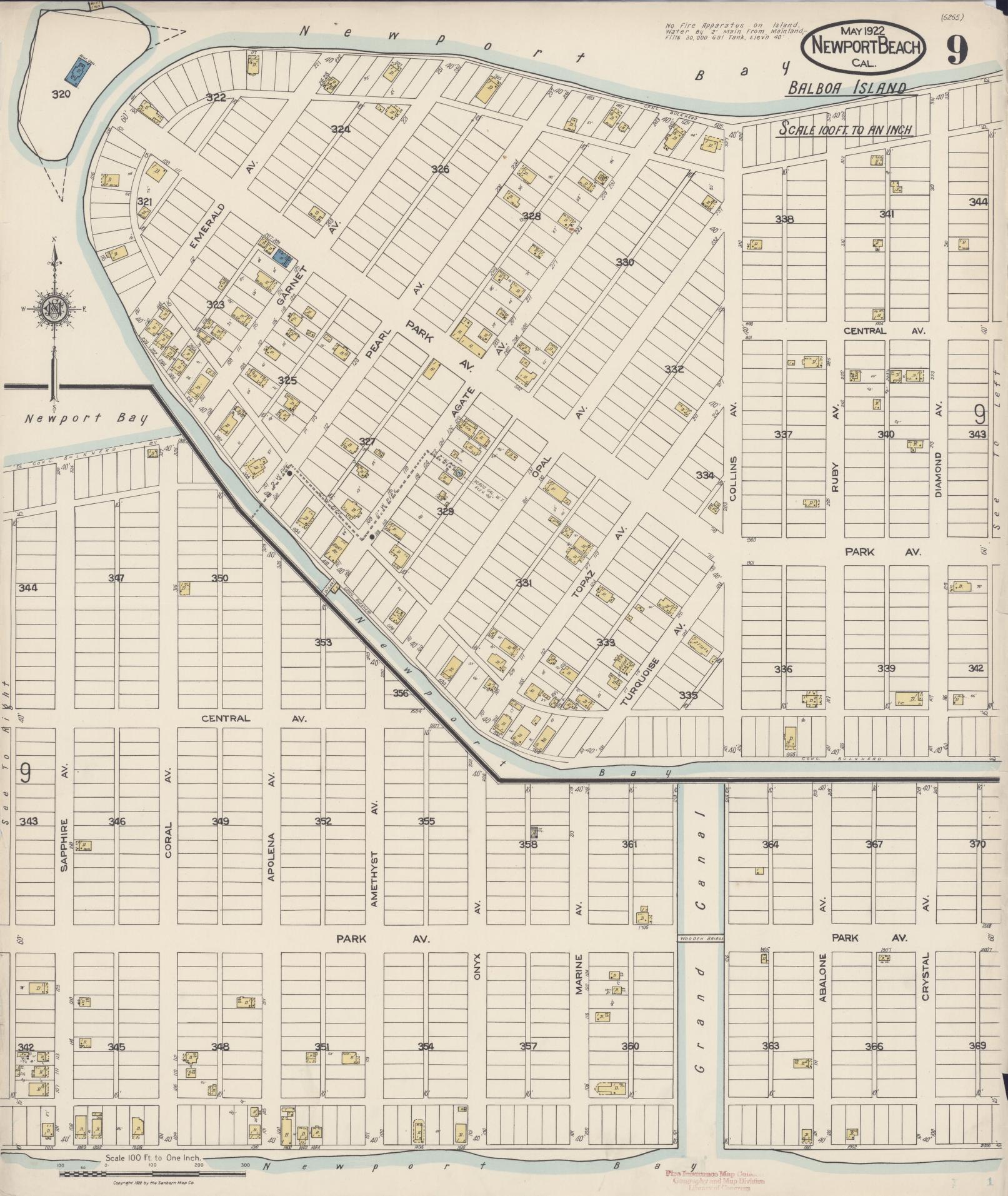 Sanborn Fire Insurance Map from Newport Beach, Orange County, California (1922), Sheet #0009 - Complete Map Set gallery image, historic Sanborn map, vintage wall art, California California