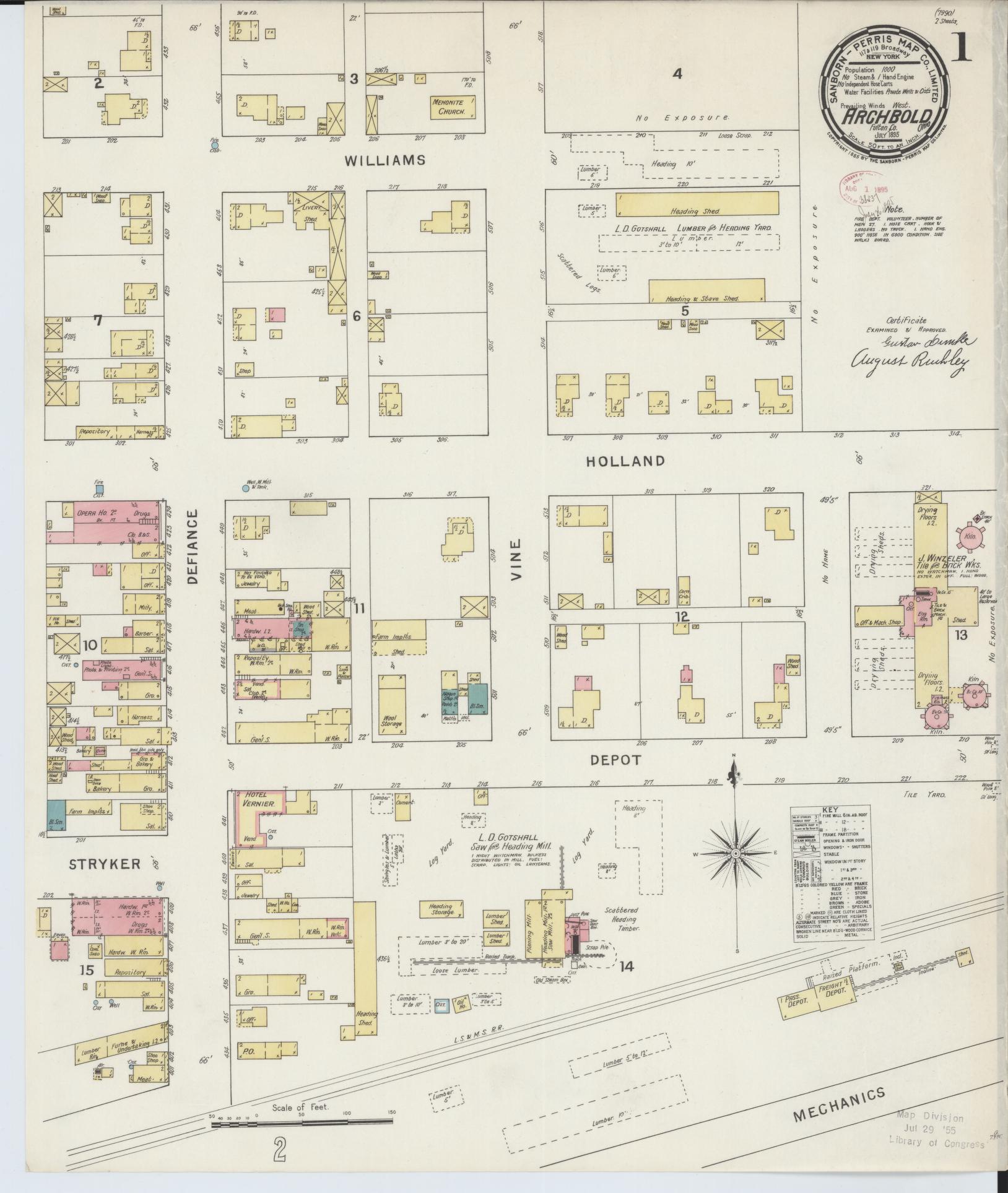 Sanborn Fire Insurance Map from Archbold, Fulton County, Ohio (1895), Sheet #0001 - Historic Sanborn Fire Insurance Map Print, vintage old map wall art, antique decor, genealogy gift, Ohio Ohio map