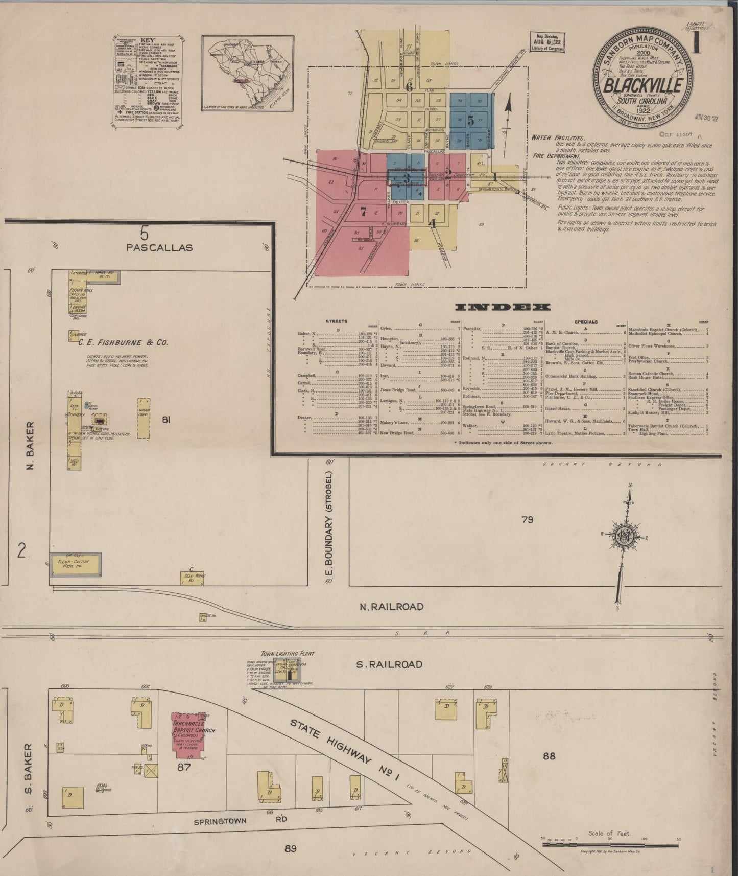 Sanborn Fire Insurance Map from Blackville, Barnwell County, South Carolina (1922), Sheet #0001 - Complete Map Set gallery image, historic Sanborn map, vintage wall art, South Carolina South Carolina