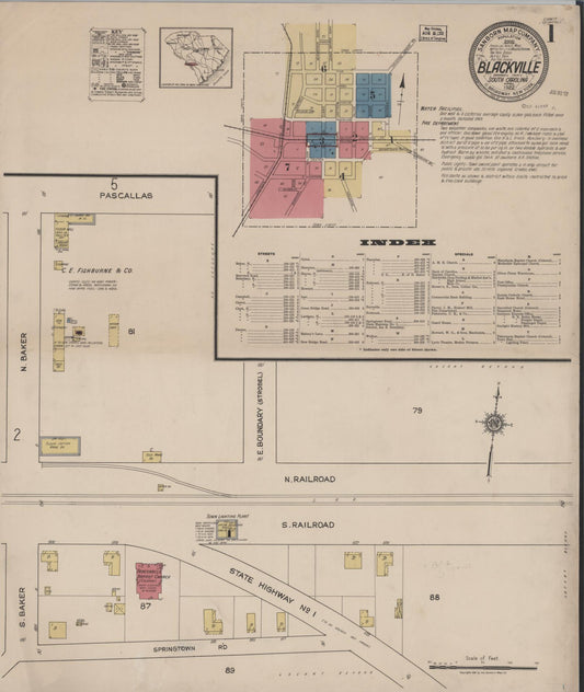 Sanborn Fire Insurance Map from Blackville, Barnwell County, South Carolina (1922), Sheet #0001 - Complete Map Set gallery image, historic Sanborn map, vintage wall art, South Carolina South Carolina