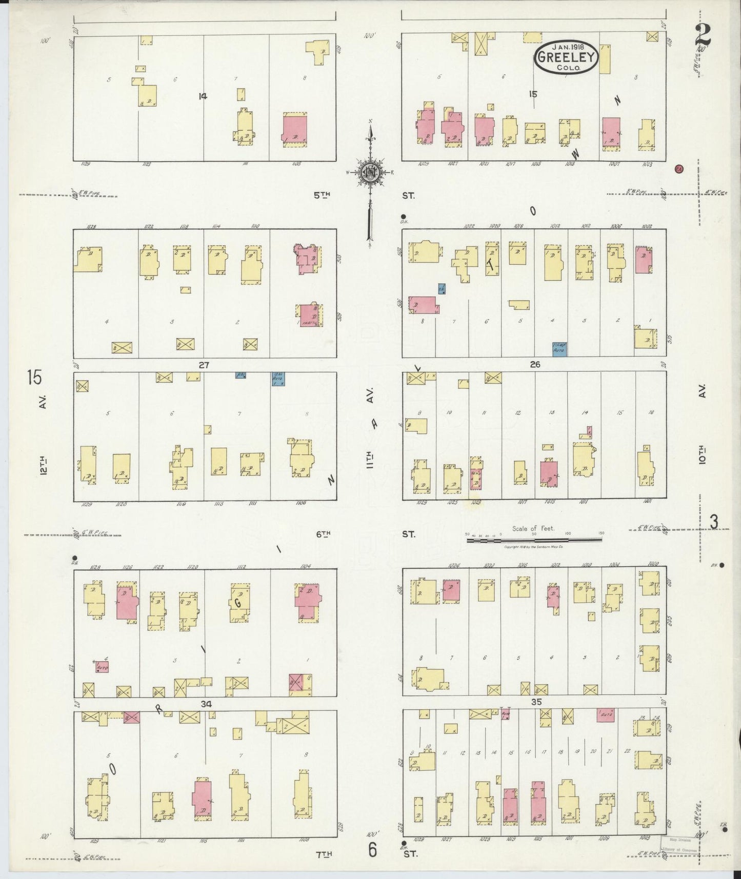 Sanborn Fire Insurance Map from Greeley, Weld County, Colorado (1918), Sheet #0002 - Complete Map Set gallery image, historic Sanborn map, vintage wall art, Colorado Colorado