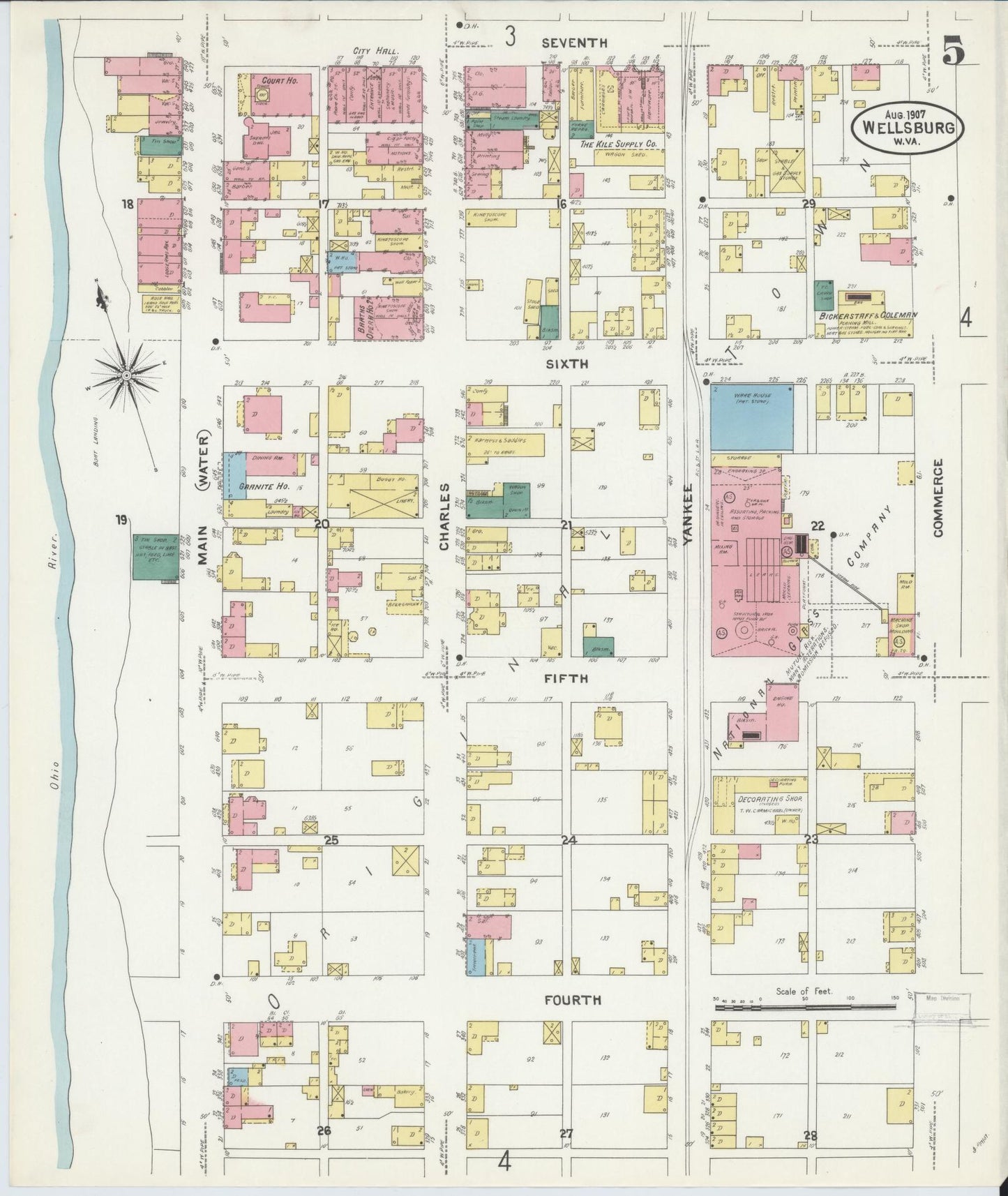 Sanborn Fire Insurance Map from Wellsburg, Brooke County, West Virginia (1907), Sheet #0005 - Historic Sanborn Fire Insurance Map Print, vintage old map wall art, antique decor, genealogy gift, West Virginia West Virginia map