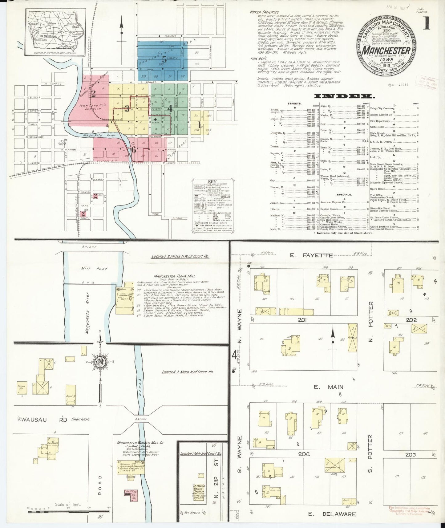 Sanborn Fire Insurance Map from Manchester, Delaware County, Iowa (1913), Sheet #0001 - Historic Sanborn Fire Insurance Map Print