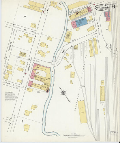 Sanborn Fire Insurance Map from Attleboro, Bristol County, Massachusetts (1916), Sheet #0006 - Historic Sanborn Fire Insurance Map Print, vintage old map wall art, antique decor, genealogy gift, Massachusetts Massachusetts map