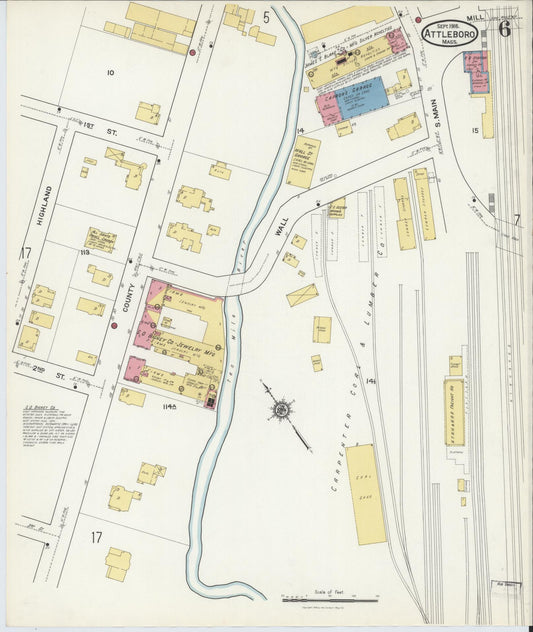 Sanborn Fire Insurance Map from Attleboro, Bristol County, Massachusetts (1916), Sheet #0006 - Historic Sanborn Fire Insurance Map Print, vintage old map wall art, antique decor, genealogy gift, Massachusetts Massachusetts map