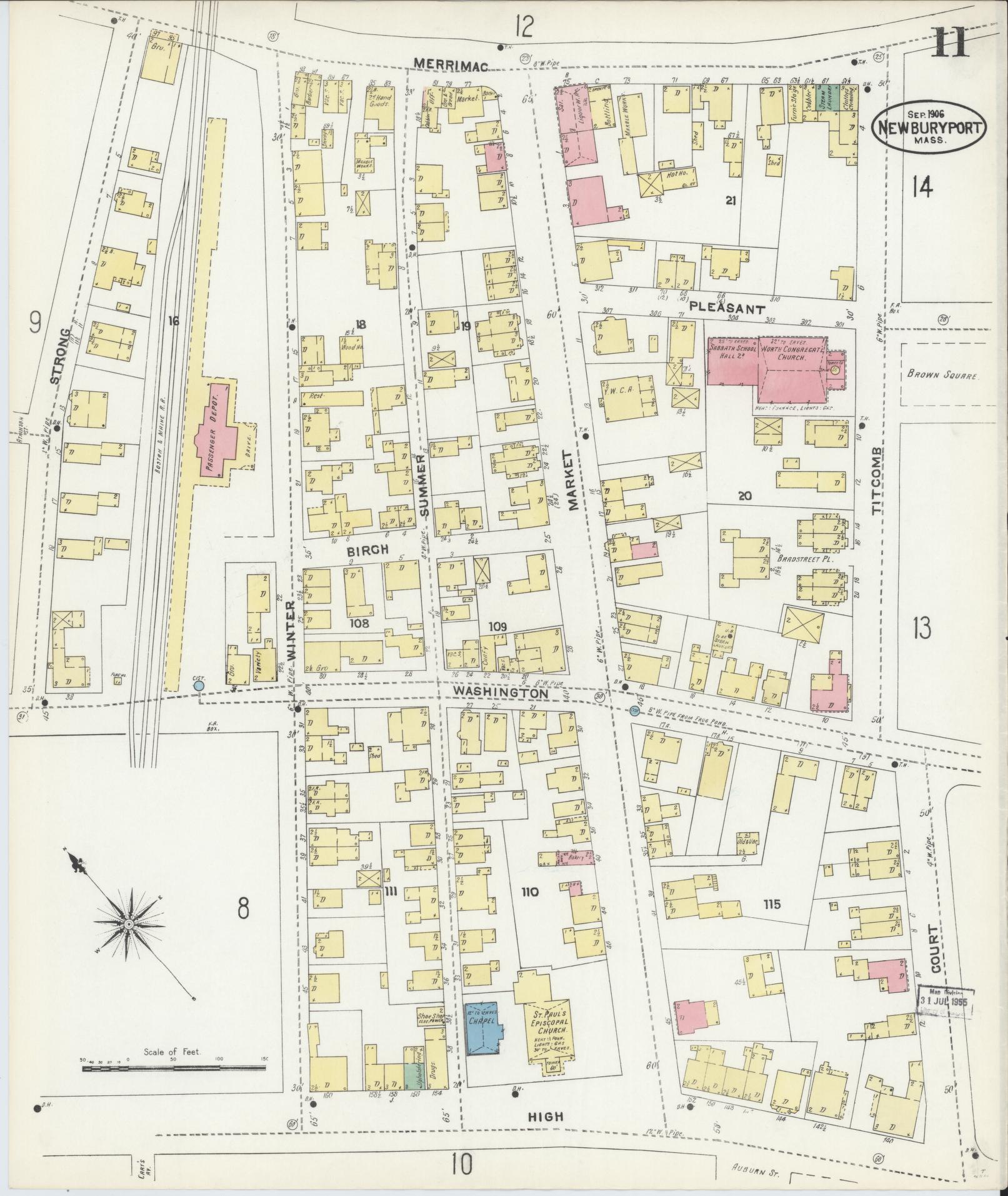 Sanborn Fire Insurance Map from Newburyport, Essex County, Massachusetts (1906), Sheet #0011 - Historic Sanborn Fire Insurance Map Print, vintage old map wall art, antique decor, genealogy gift, Massachusetts Massachusetts map