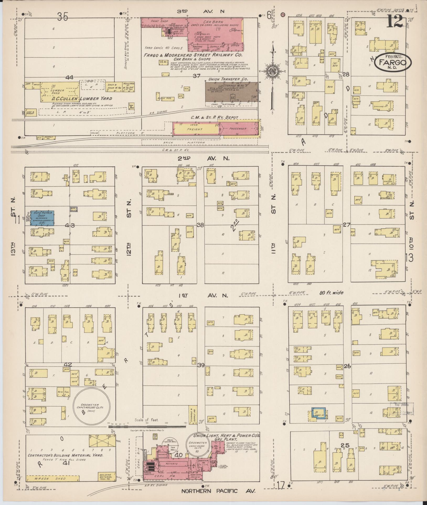 Sanborn Fire Insurance Map from Fargo, Cass County, North Dakota (1922), Sheet #0012 - Complete Map Set gallery image, historic Sanborn map, vintage wall art, North Dakota North Dakota