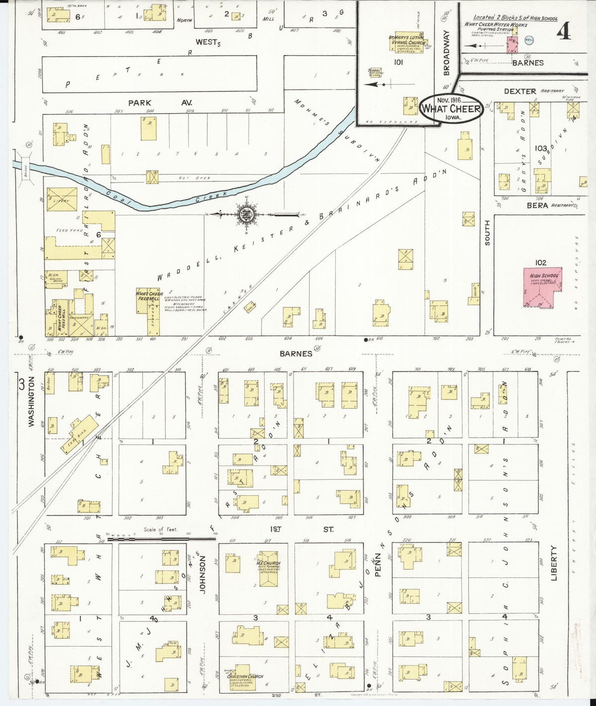 Sanborn Fire Insurance Map from What Cheer, Keokuk County, Iowa (1916), Sheet #0004 - Historic Sanborn Fire Insurance Map Print, vintage old map wall art