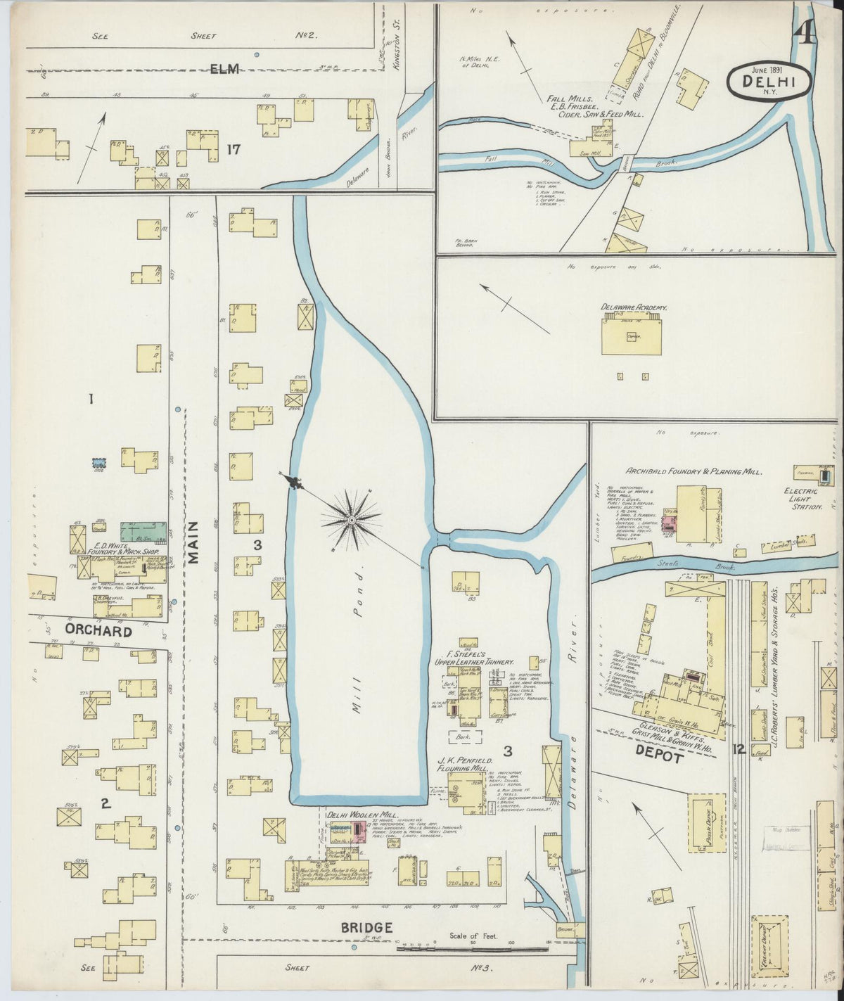 Sanborn Fire Insurance Map from Delhi, Delaware County, New York (1891), Sheet #0004 - Historic Sanborn Fire Insurance Map Print, vintage old map wall art, antique decor, genealogy gift, Delhi Delaware map