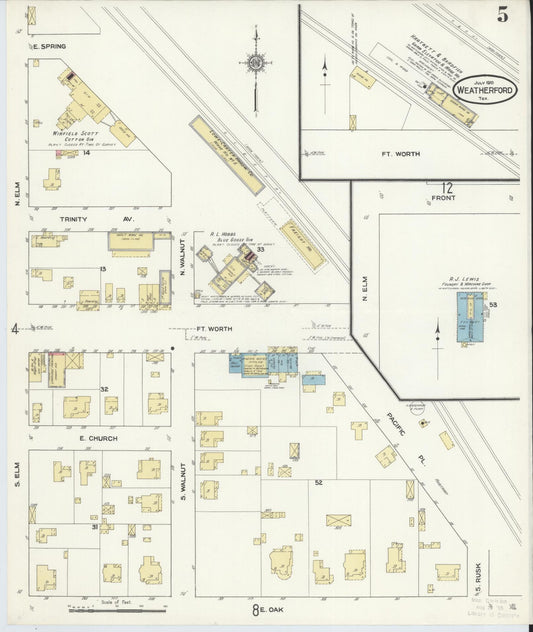 Sanborn Fire Insurance Map from Weatherford, Parker County, Texas (1910), Sheet #0005 - Historic Sanborn Fire Insurance Map Print, vintage old map wall art, antique decor, genealogy gift, Texas Texas map