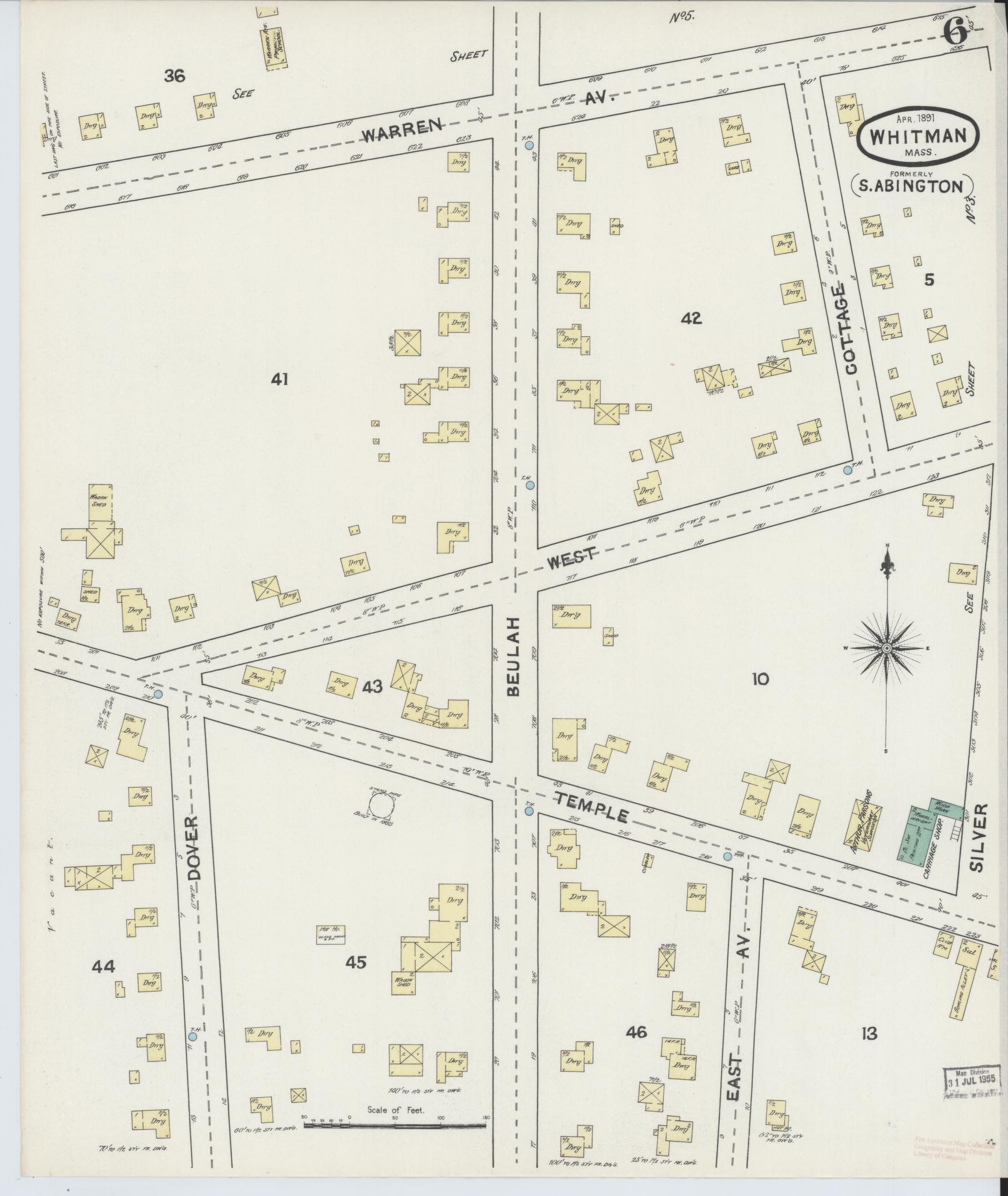 Sanborn Fire Insurance Map from Whitman, Plymouth County, Massachusetts (1891), Sheet #0006 - Complete Map Set gallery image, historic Sanborn map, vintage wall art, Massachusetts Massachusetts