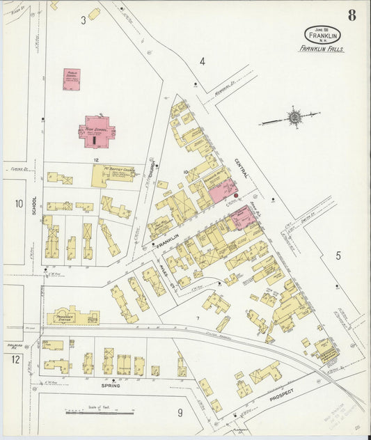 Sanborn Fire Insurance Map from Franklin, Merrimack County, New Hampshire (1911), Sheet #0008 - Historic Sanborn Fire Insurance Map Print, vintage old map wall art, antique decor, genealogy gift, New Hampshire New Hampshire map
