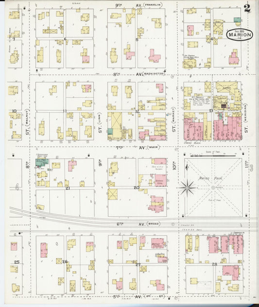Sanborn Fire Insurance Map from Marion, Linn County, Iowa (1893), Sheet #0002 - Historic Sanborn Fire Insurance Map Print, vintage old map wall art