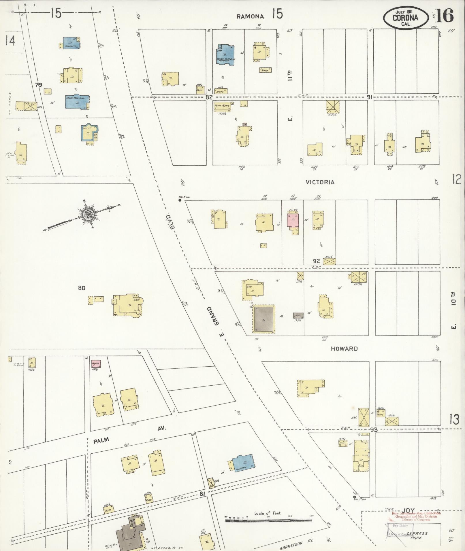 Sanborn Fire Insurance Map from Corona, Riverside County, California (1911), Sheet #0016 - Historic Sanborn Fire Insurance Map Print, vintage old map wall art, antique decor, genealogy gift, California California map