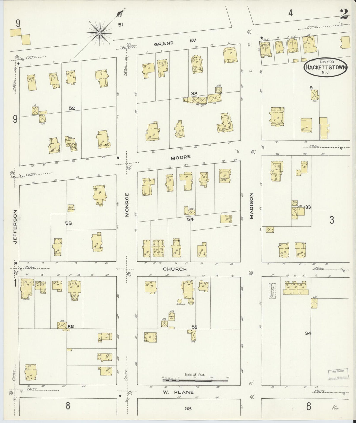 Sanborn Fire Insurance Map from Hackettstown, Warren County, New Jersey (1909), Sheet #0002 - Historic Sanborn Fire Insurance Map Print, vintage old map wall art, antique decor, genealogy gift, New Jersey New Jersey map
