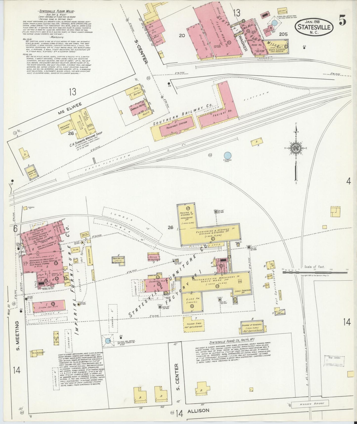 Sanborn Fire Insurance Map from Statesville, Iredell County, North Carolina (1918), Sheet #0005 - Historic Sanborn Fire Insurance Map Print, vintage old map wall art, antique decor, genealogy gift, North Carolina North Carolina map
