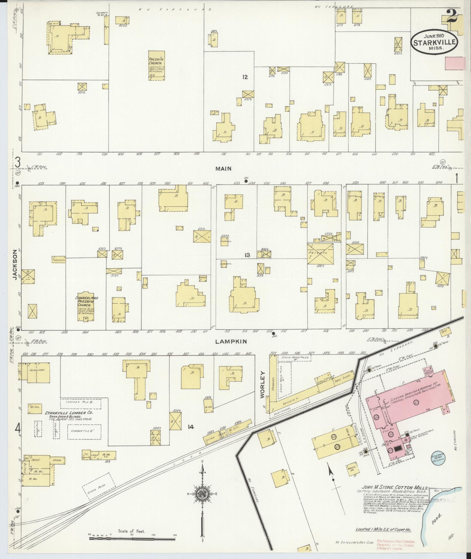 Sanborn Fire Insurance Map from Starkville, Oktibbeha County, Mississippi (1910), Sheet #0002 - Complete Map Set gallery image, historic Sanborn map, vintage wall art, Mississippi Mississippi