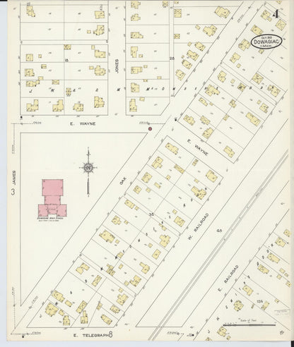 Sanborn Fire Insurance Map from Dowagiac, Cass County, Michigan (1913), Sheet #0004 - Historic Sanborn Fire Insurance Map Print, vintage old map wall art, antique decor, genealogy gift, Michigan Michigan map