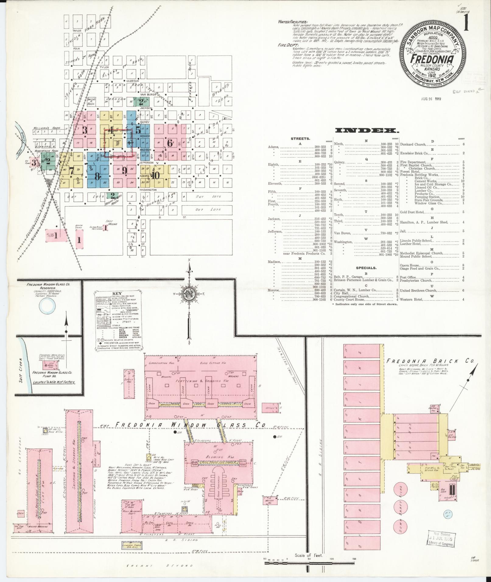 Sanborn Fire Insurance Map from Fredonia, Wilson County, Kansas (1912), Sheet #0001 - Historic Sanborn Fire Insurance Map Print, vintage old map wall art, antique decor, genealogy gift, Kansas Kansas map