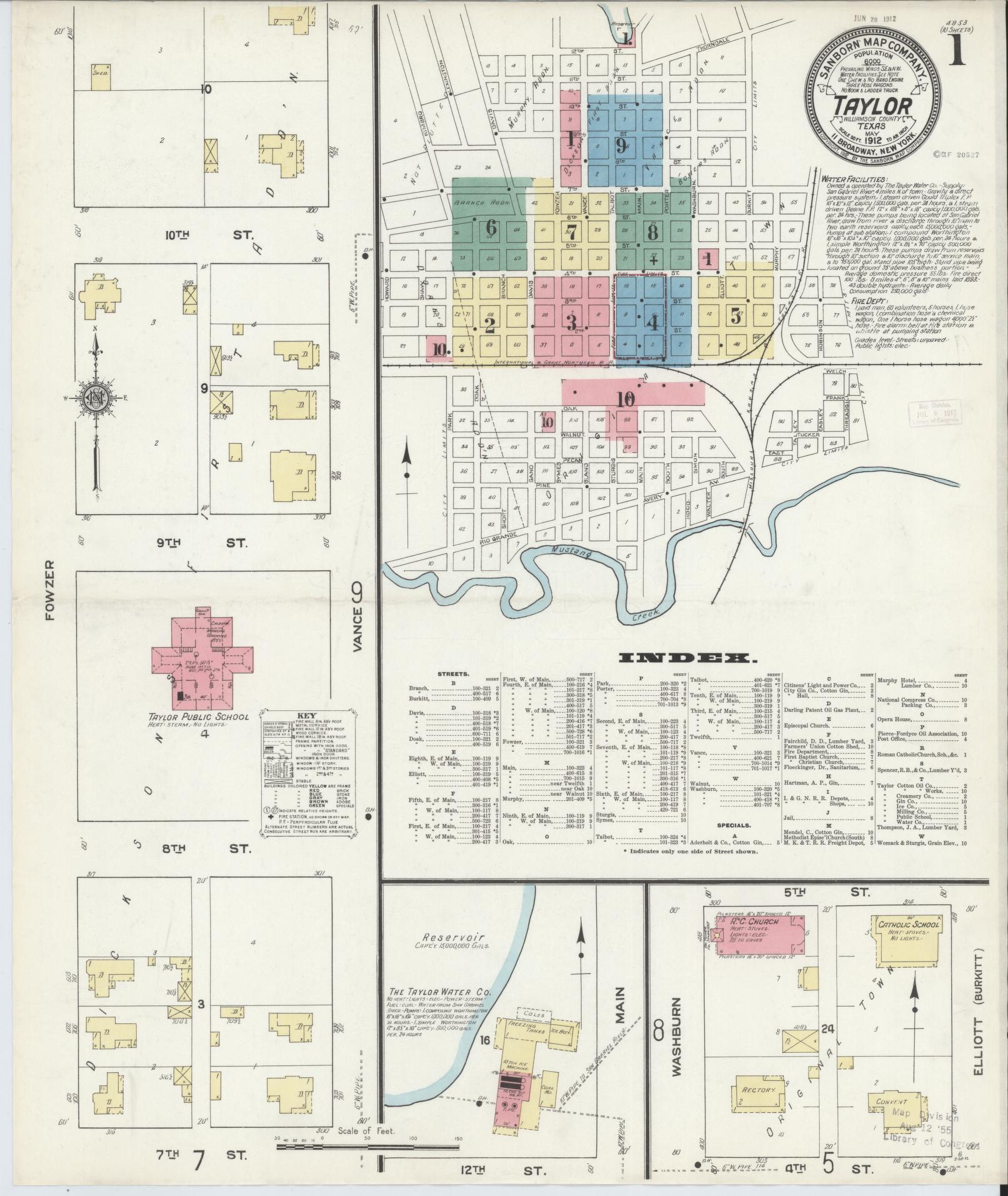 Sanborn Fire Insurance Map from Taylor, Williamson County, Texas (1912), Sheet #0001 - Complete Map Set gallery image, historic Sanborn map, vintage wall art, Texas Texas