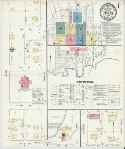 Sanborn Fire Insurance Map from Taylor, Williamson County, Texas (1912), Sheet #0001 - Complete Map Set gallery image, historic Sanborn map, vintage wall art, Texas Texas