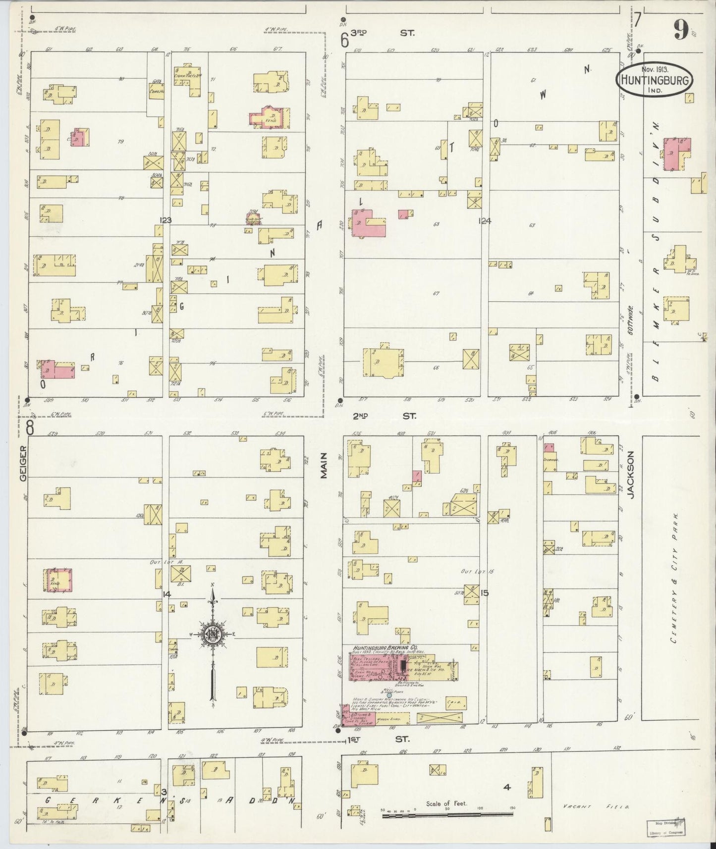 Sanborn Fire Insurance Map from Huntingburg, Dubois County, Indiana (1913), Sheet #0009 - Complete Map Set gallery image, historic Sanborn map, vintage wall art, Indiana Indiana