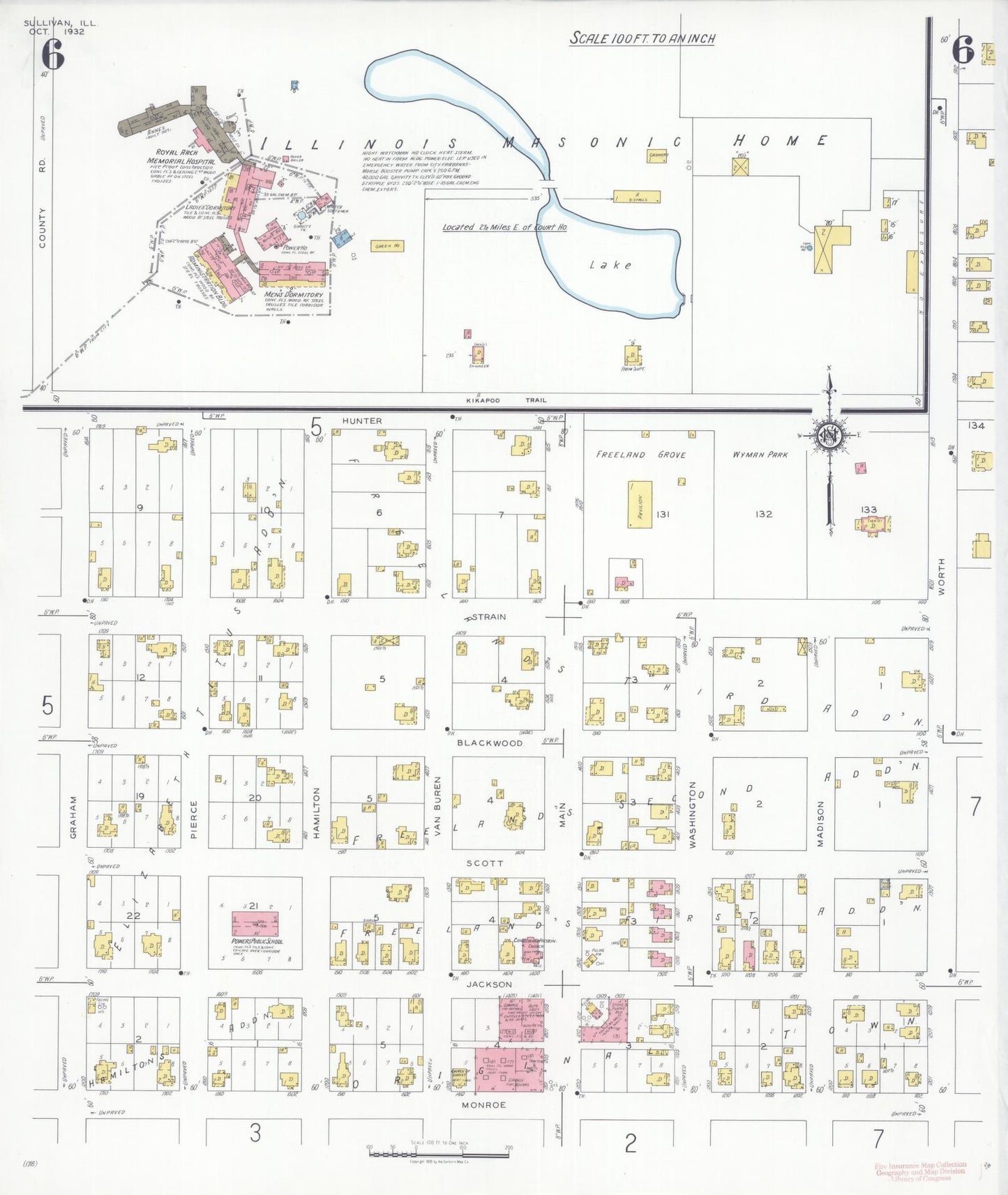 Sanborn Fire Insurance Map from Sullivan, Moultrie County, Illinois (1932), Sheet #0006 - Historic Sanborn Fire Insurance Map Print, vintage old map wall art, antique decor, genealogy gift, Illinois Illinois map
