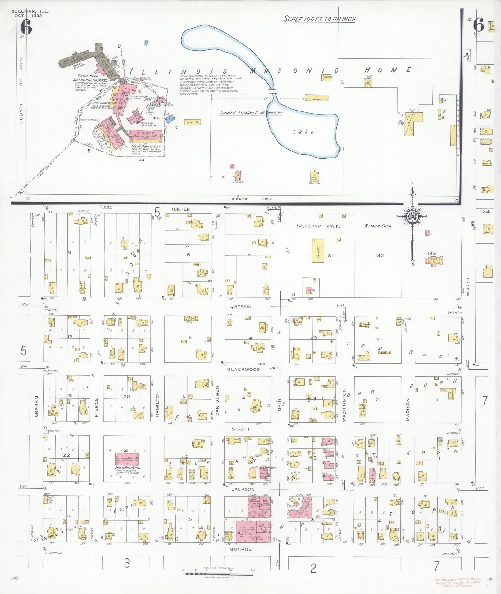 Sanborn Fire Insurance Map from Sullivan, Moultrie County, Illinois (1932), Sheet #0006 - Historic Sanborn Fire Insurance Map Print, vintage old map wall art, antique decor, genealogy gift, Illinois Illinois map