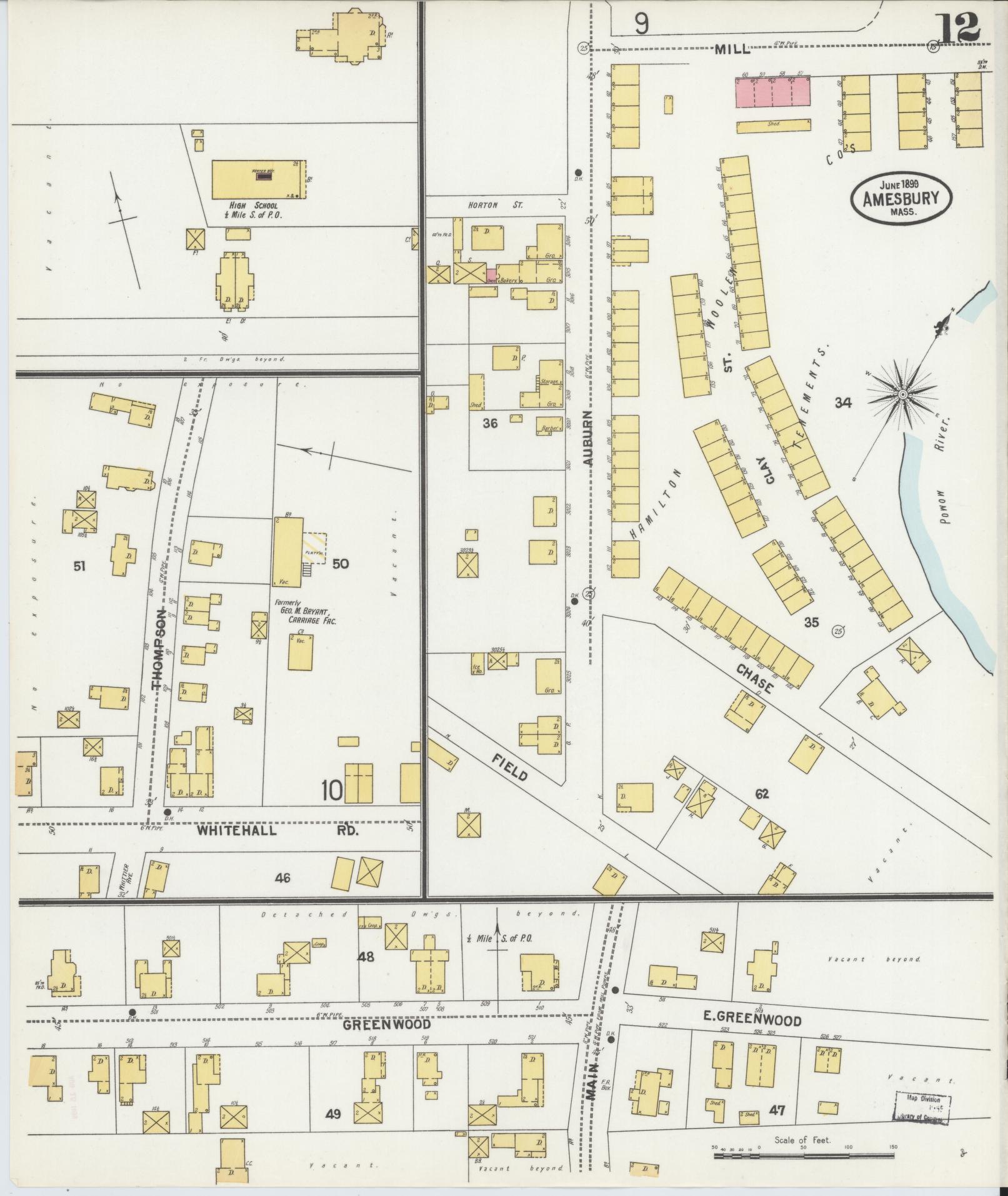 Sanborn Fire Insurance Map from Amesbury, Essex County, Massachusetts (1899), Sheet #0012 - Historic Sanborn Fire Insurance Map Print, vintage old map wall art, antique decor, genealogy gift, Massachusetts Massachusetts map