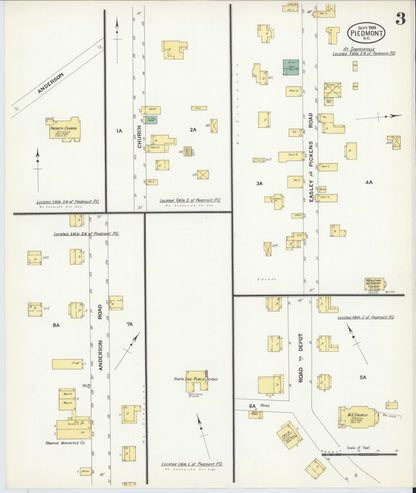 Sanborn Fire Insurance Map from Piedmont, Greenville and Anderson Counties, South Carolina (1908), Sheet #0003 - Complete Map Set gallery image, historic Sanborn map, vintage wall art, South Carolina South Carolina