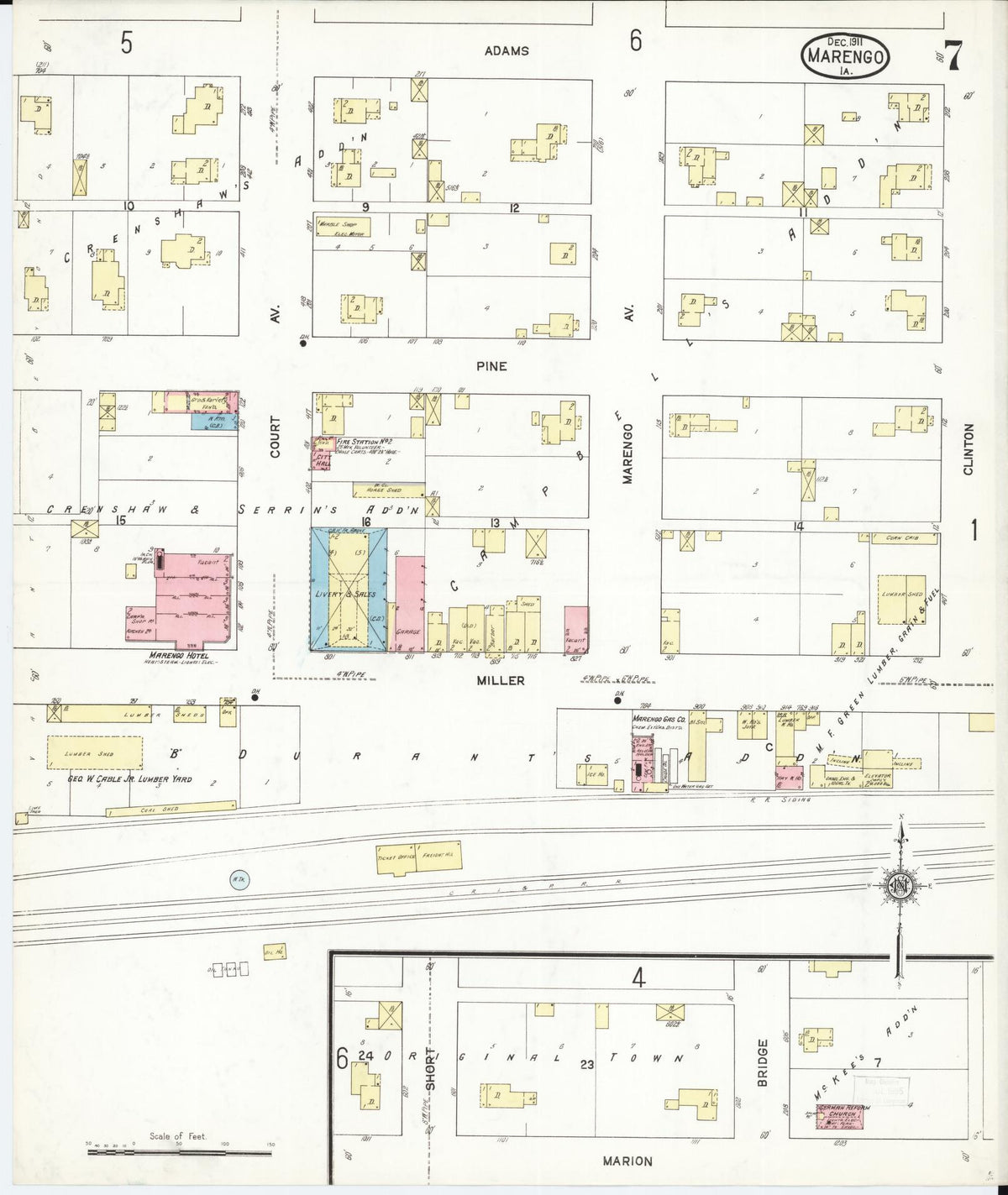 Sanborn Fire Insurance Map from Marengo, Iowa County, Iowa (1911), Sheet #0007 - Historic Sanborn Fire Insurance Map Print, vintage old map wall art