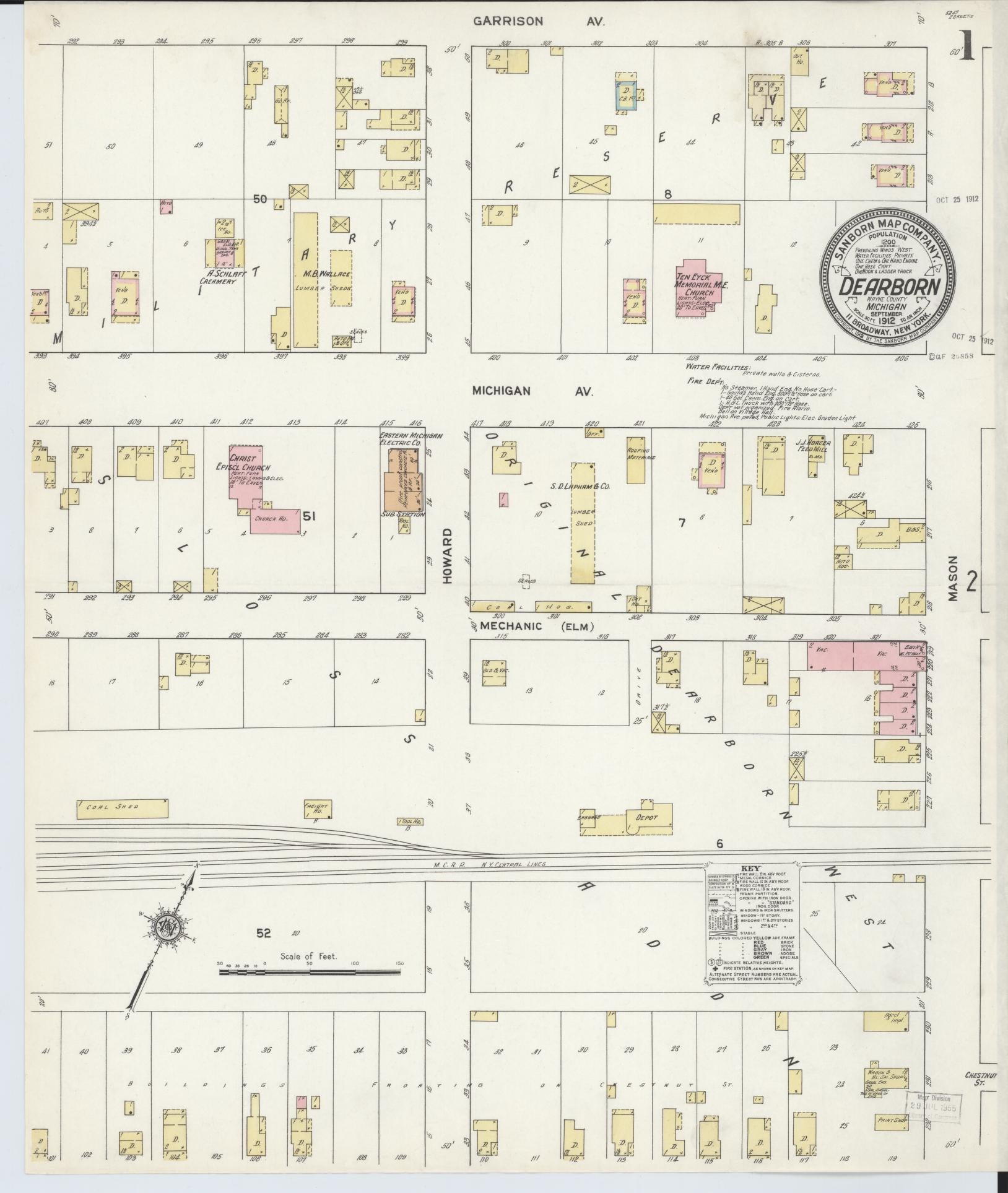 Sanborn Fire Insurance Map from Dearborn, Wayne County, Michigan (1912), Sheet #0001 - Historic Sanborn Fire Insurance Map Print, vintage old map wall art, antique decor, genealogy gift, Michigan Michigan map