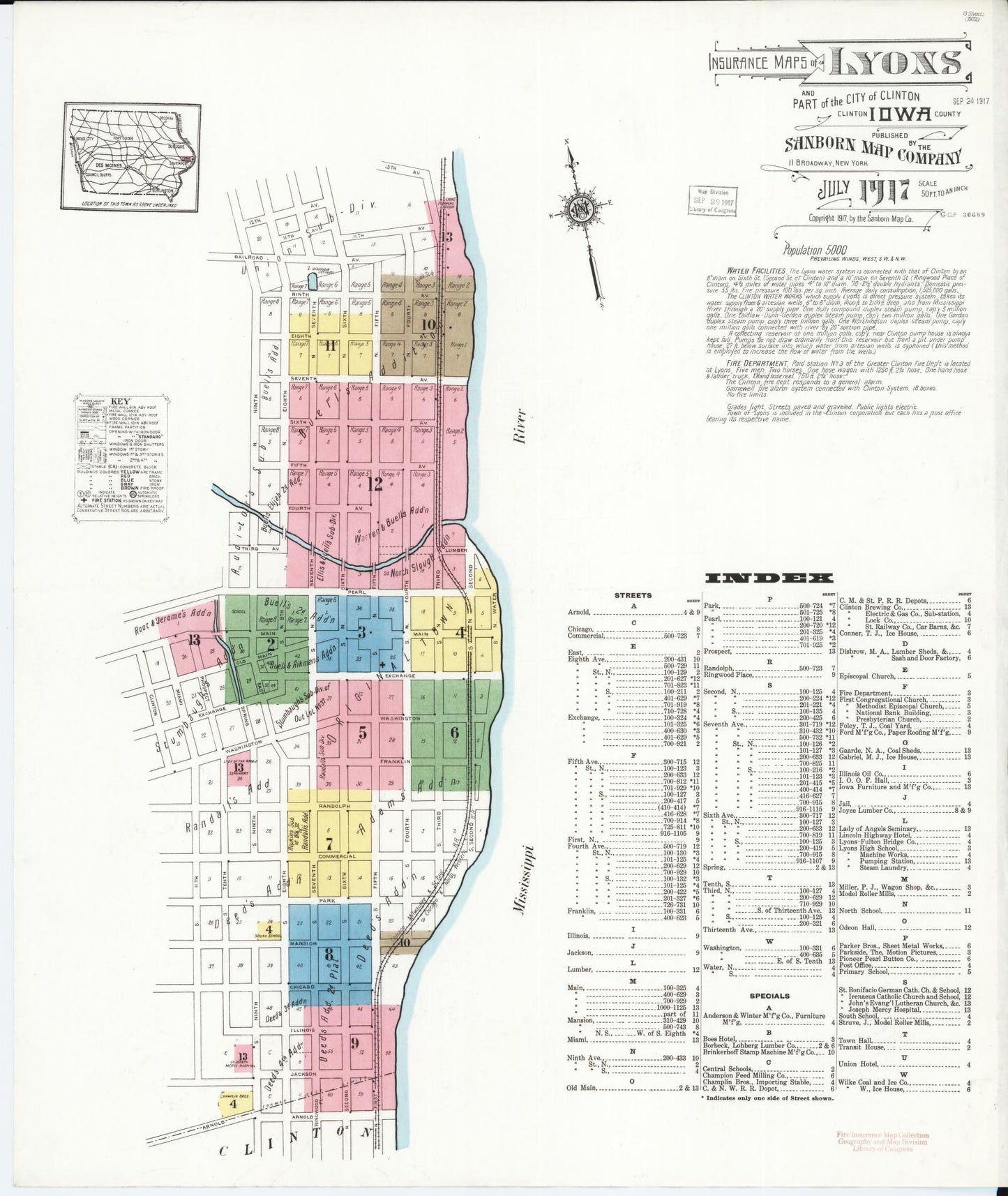 Sanborn Fire Insurance Map from Lyons, Clinton County, Iowa (1917), Sheet #0001 - Historic Sanborn Fire Insurance Map Print