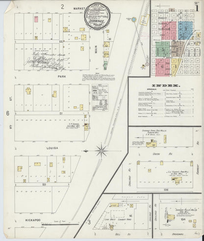 Sanborn Fire Insurance Map from Shawnee, Pottawatomie County, Oklahoma (1896), Sheet #0001 - Complete Map Set gallery image, historic Sanborn map, vintage wall art, Oklahoma Oklahoma