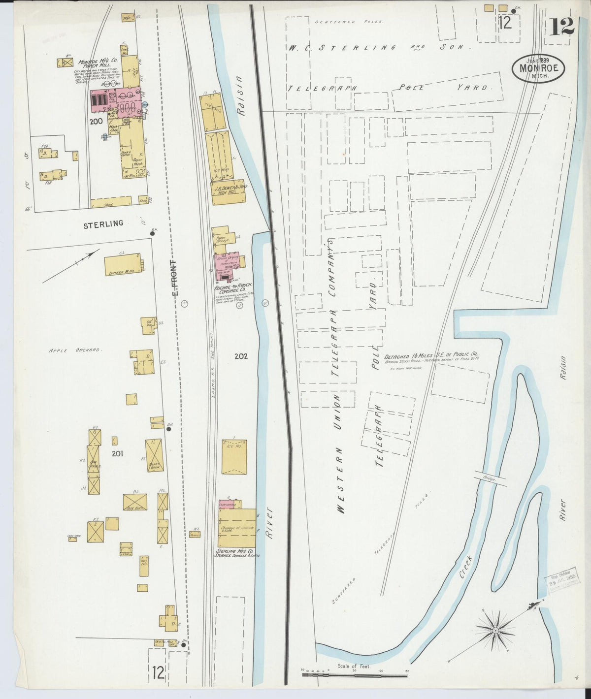 Sanborn Fire Insurance Map from Monroe, Monroe County, Michigan (1899), Sheet #0012 - Historic Sanborn Fire Insurance Map Print, vintage old map wall art, antique decor, genealogy gift, Michigan Michigan map