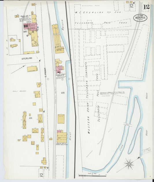 Sanborn Fire Insurance Map from Monroe, Monroe County, Michigan (1899), Sheet #0012 - Historic Sanborn Fire Insurance Map Print, vintage old map wall art, antique decor, genealogy gift, Michigan Michigan map