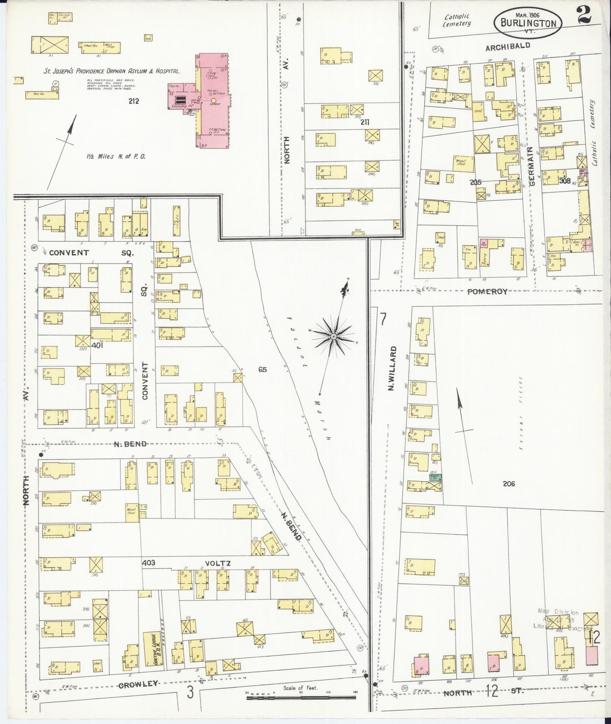 Sanborn Fire Insurance Map from Burlington, Chittenden County, Vermont (1906), Sheet #0002 - Historic Sanborn Fire Insurance Map Print, vintage old map wall art, antique decor, genealogy gift, Vermont Vermont map