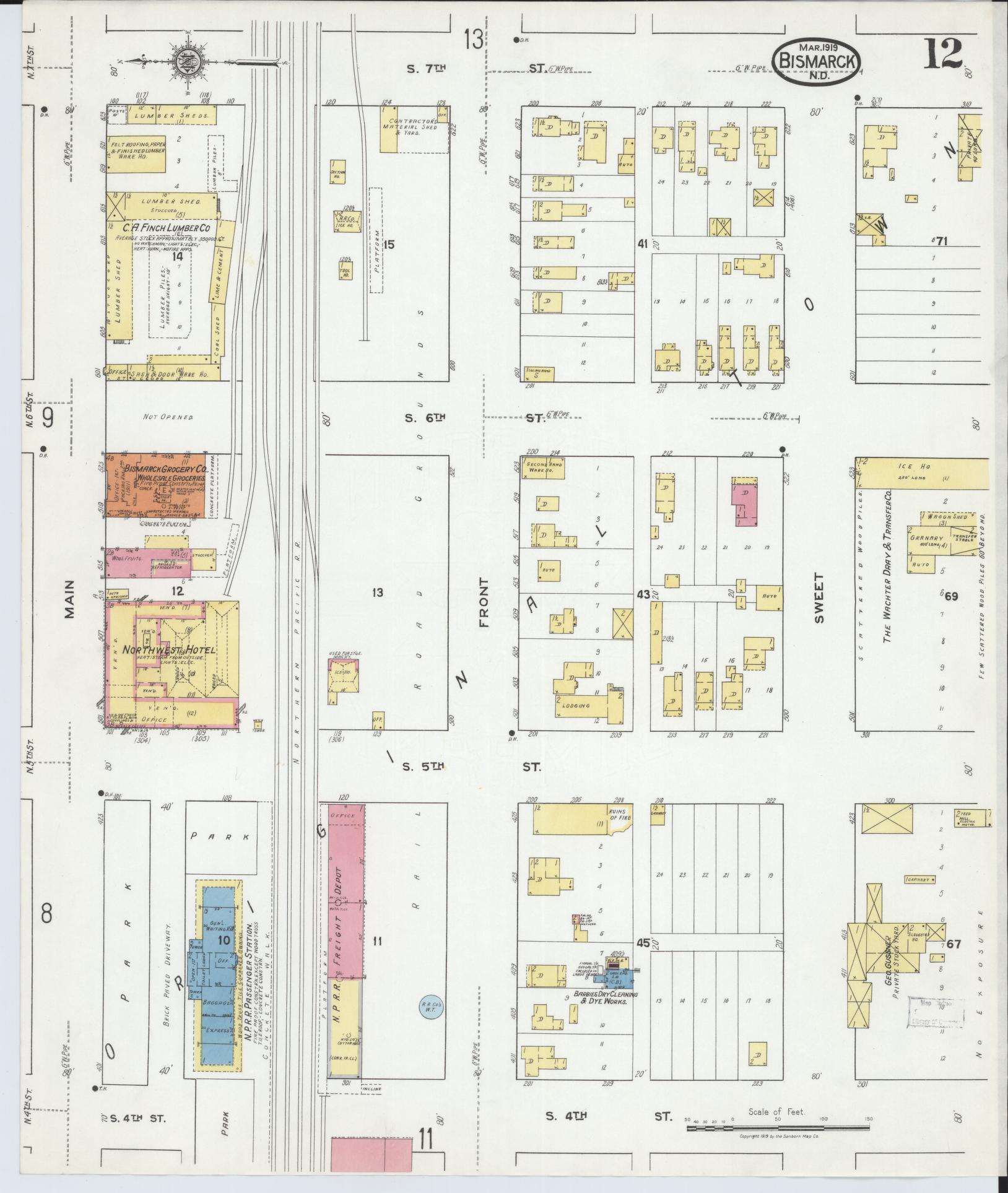 Sanborn Fire Insurance Map from Bismarck, Burleigh County, North Dakota (1919), Sheet #0012 - Complete Map Set gallery image, historic Sanborn map, vintage wall art, North Dakota North Dakota