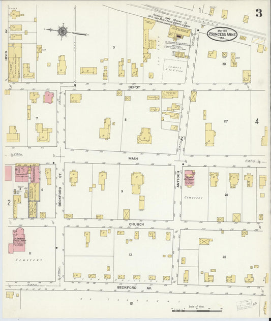 Sanborn Fire Insurance Map from Princess Anne, Somerset County, Maryland (1911), Sheet #0003 - Historic Sanborn Fire Insurance Map Print, vintage old map wall art