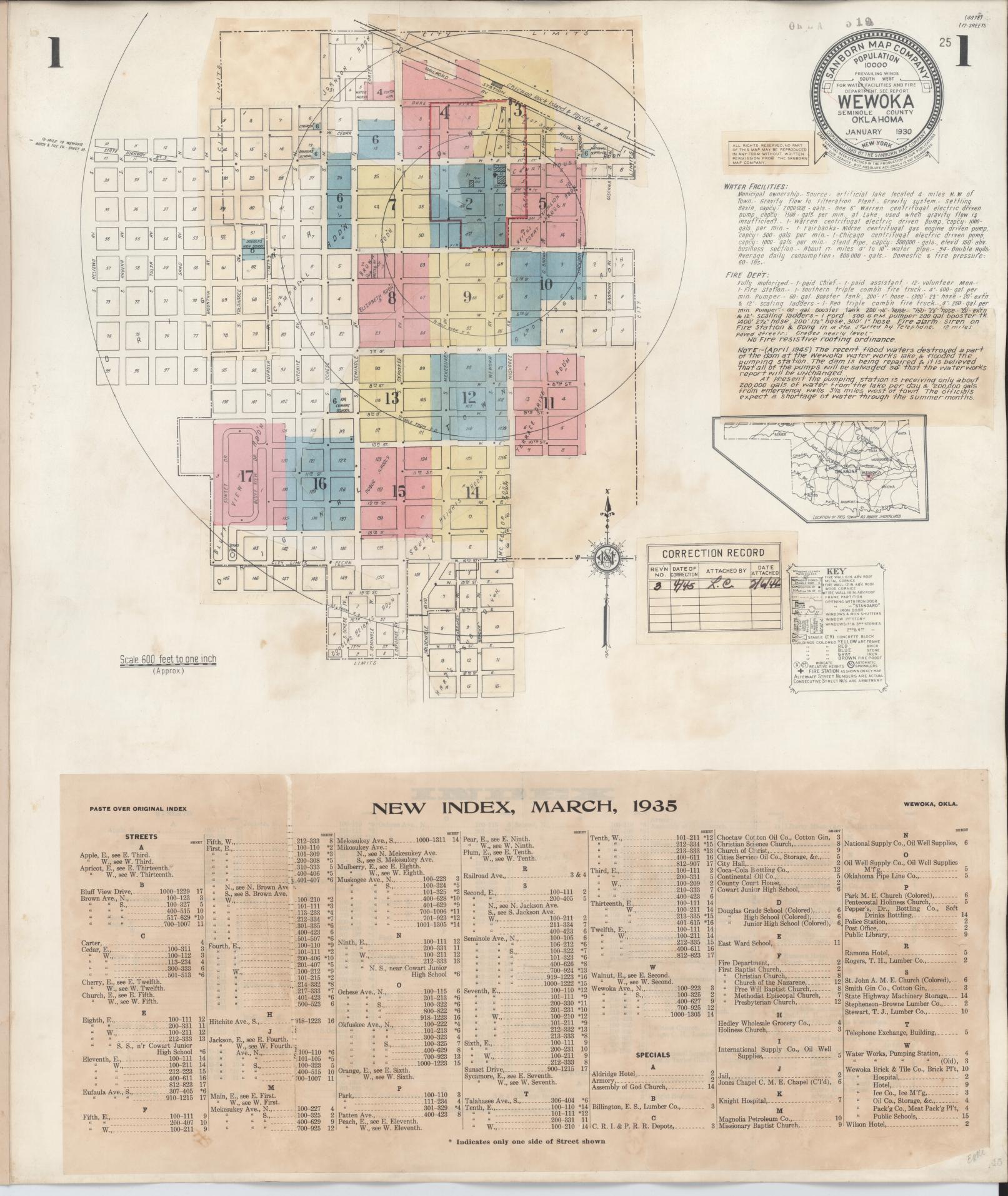 Sanborn Fire Insurance Map from Wewoka, Seminole County, Oklahoma (1945), Sheet #0001 - Complete Map Set gallery image, historic Sanborn map, vintage wall art, Oklahoma Oklahoma