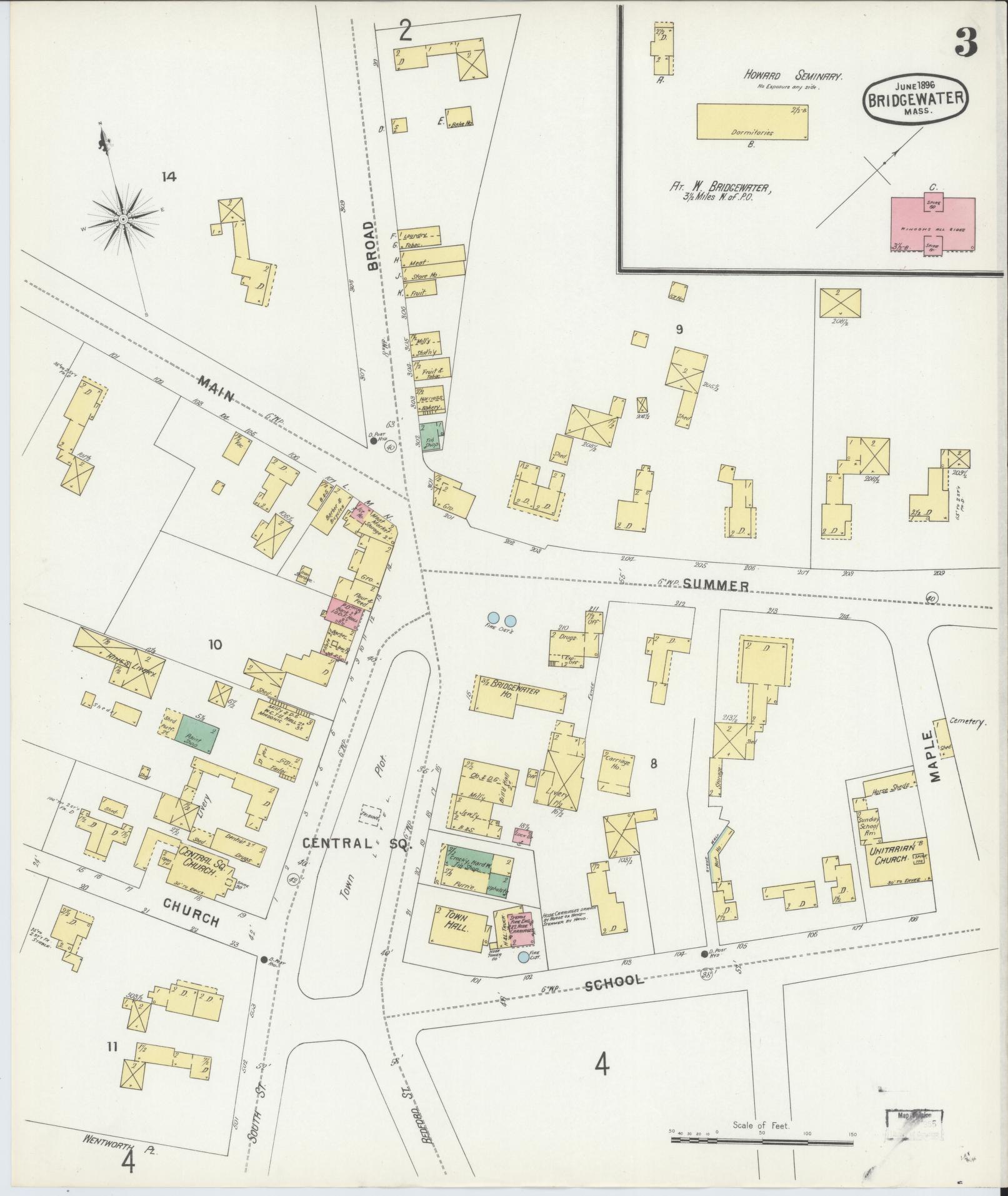 Sanborn Fire Insurance Map from Bridgewater, Plymouth County, Massachusetts (1896), Sheet #0003 - Historic Sanborn Fire Insurance Map Print, vintage old map wall art, antique decor, genealogy gift, Massachusetts Massachusetts map