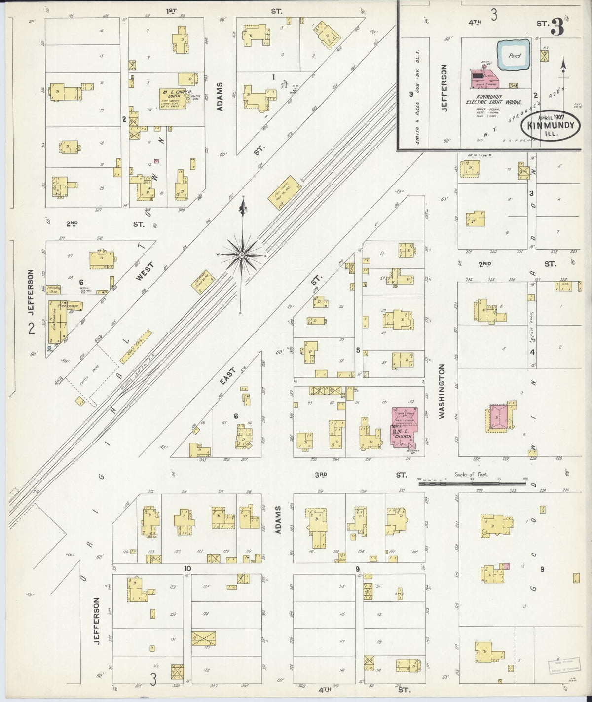 Sanborn Fire Insurance Map from Kinmundy, Marion County, Illinois (1907), Sheet #0003 - Complete Map Set gallery image, historic Sanborn map, vintage wall art, Illinois Illinois