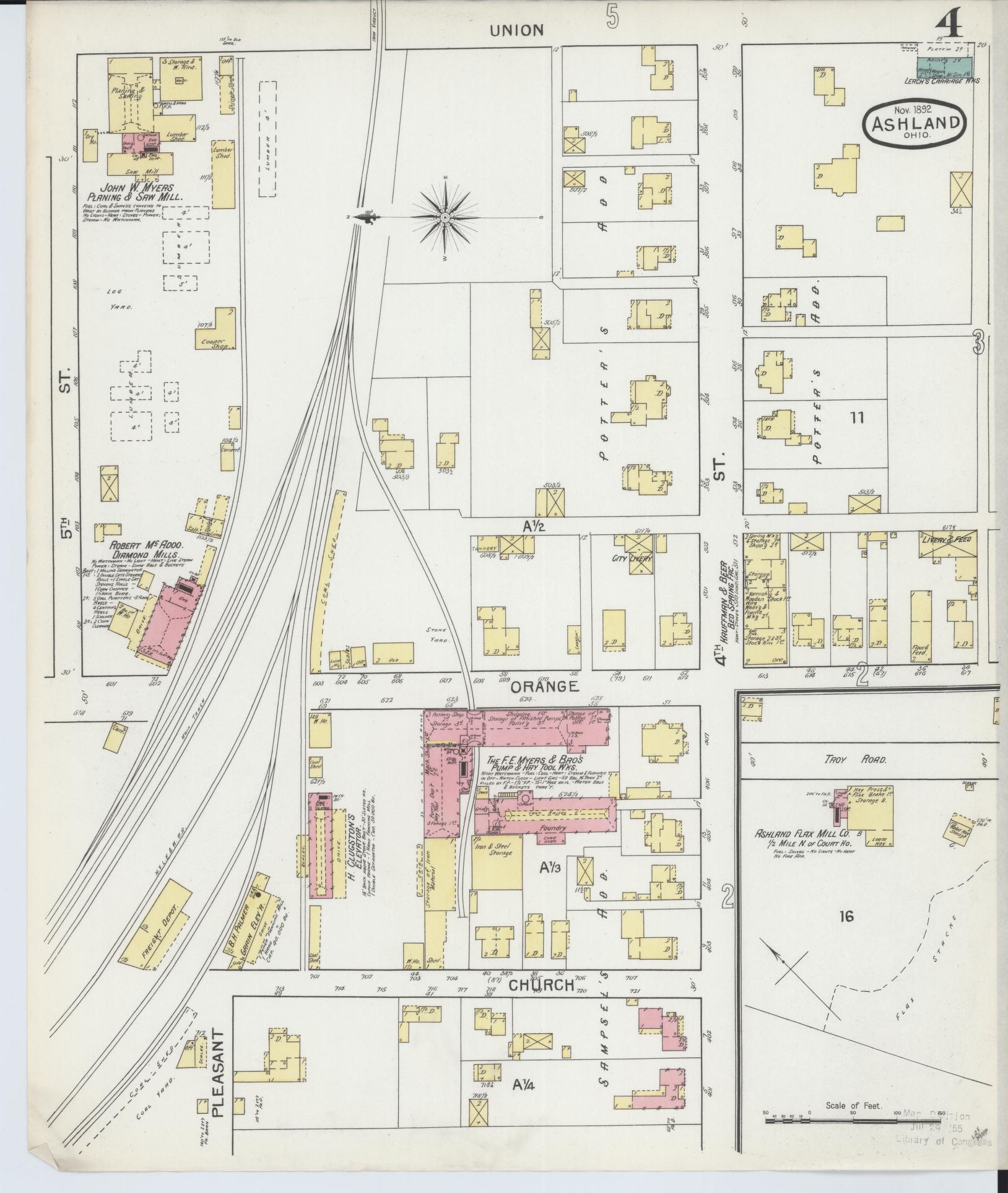 Sanborn Fire Insurance Map from Ashland, Ashland County, Ohio (1893), Sheet #0004 - Historic Sanborn Fire Insurance Map Print, vintage old map wall art, antique decor, genealogy gift, Ohio Ohio map