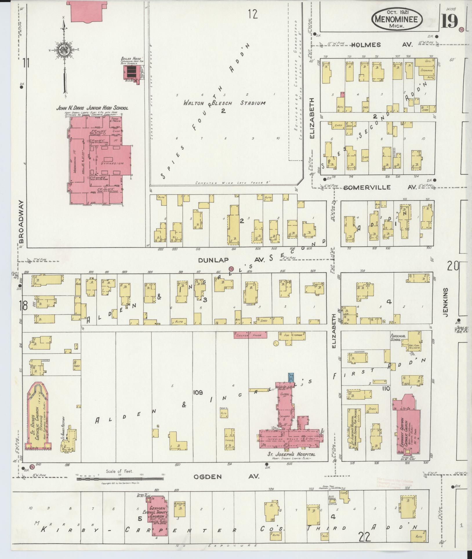 Sanborn Fire Insurance Map from Menominee, Menominee County, Michigan (1921), Sheet #0019 - Historic Sanborn Fire Insurance Map Print, vintage old map wall art, antique decor, genealogy gift, Michigan Michigan map
