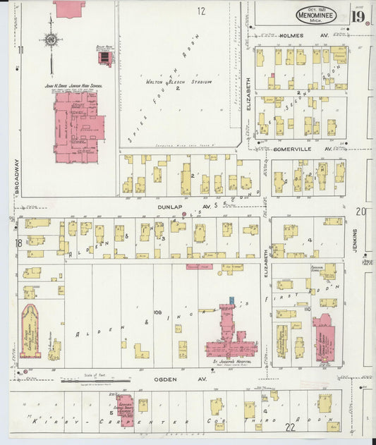 Sanborn Fire Insurance Map from Menominee, Menominee County, Michigan (1921), Sheet #0019 - Historic Sanborn Fire Insurance Map Print, vintage old map wall art, antique decor, genealogy gift, Michigan Michigan map